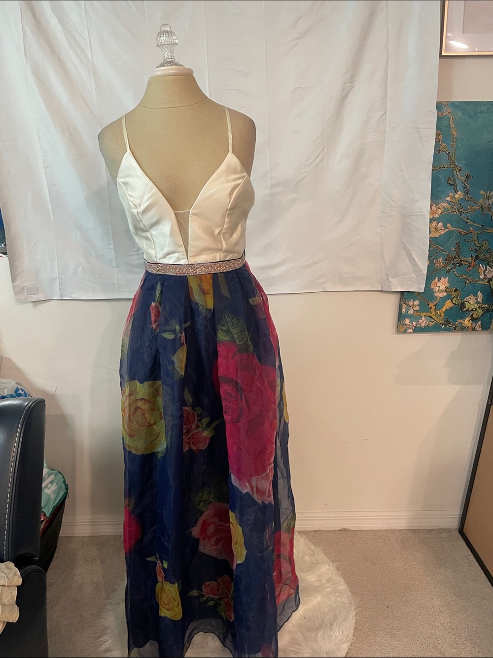 Soieblu Navy Floral Skirt Ivory Satin Crossback Gown